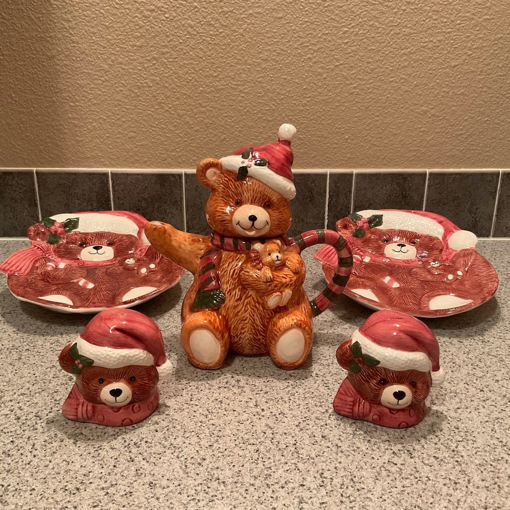 NEW! SET Holiday BEARS Collectible Teapot, Salt & Pepper, Serving Platters